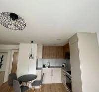 PRENÁJOM - 3-izbový krásny kompletne zrekonštruovaný byt - Mostná - Kuchynský kút v 3-izbovom byte s jedálenským stolom a podlahou s dreveným dekorom.