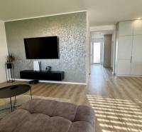 NA PREDAJ 4 izbový rodinný dom Štitáre NITRA - Obývačka v rodinnom dome s podlahou s dreveným dekorom, pohovkou a televízorom na stene.