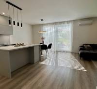 NA PREDAJ 4 izbový rodinný dom Štitáre NITRA - Kuchyňa v rodinnom dome s ostrovčekom, veľkými oknami a podlahou s dreveným dekorom.