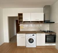 NA PRENÁJOM zrekonštruovaný 1-IZB.BYT, Štefánikova ul., Senica - Kuchyňa v 1-izbovom byte s podlahou s dreveným dekorom a spotrebičmi.