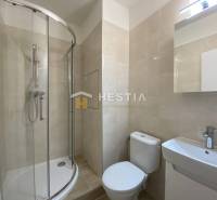 NA PRENÁJOM zrekonštruovaný 1-IZB.BYT, Štefánikova ul., Senica - Kúpeľňa s rohovým sprchovým kútom v 1-izbovom byte, béžové obklady, umývadlo, zrkadlo.