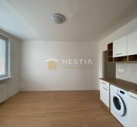 NA PRENÁJOM zrekonštruovaný 1-IZB.BYT, Štefánikova ul., Senica - Kuchynská časť s práčkou a podlahou s dreveným dekorom v 1-izbovom byte.