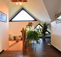 Zaujímavý rodinný dom s veľkým pozemkom, krásnou záhradou a bohatým pr - Interiér rodinného domu s rastlinami, trojuholníkovými oknami a podlahou s dreveným dekorom.