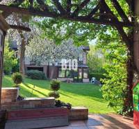 Zaujímavý rodinný dom s veľkým pozemkom, krásnou záhradou a bohatým pr - Záhrada rodinného domu v Lietave s kvitnúcimi stromami a trávnikom.