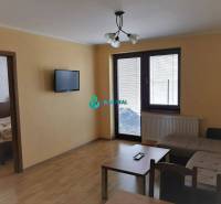 Apartmánový dom na predaj blízko termálneho kúpaliska - Obývacia izba s pohovkou, televízorom na stene a dreveným nábytkom, na ulici neuvedené.