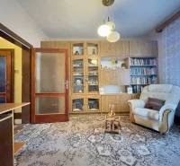 TOPOĽNÍKY – 4-IZBOVÝ RODINNÝ DOM NA PREDAJ NA 14 ÁROVOM POZEMKU - Obývacia izba v rodinnom dome s kreslom, knižnicou a sklenenými vitrínami.