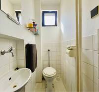 A-W REAL | POSCHODOVÝ DVOJDOM S GARÁŽOU NA PREDAJ V OBCI BÚČ - Kúpeľňa v rodinnom dome s umývadlom, toaletou, dlaždicami a nástennou poličkou.