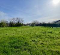 OKOČ – POZEMOK NA PREDAJ V CENTRE DEDINY - Pozemok na bývanie v Okoči s trávnatou plochou a stromami v pozadí.