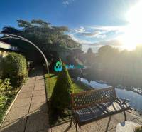 Znížená cena!  Rodinný dom s vnútorným aj vonkajším bazénom na krásne  - Záhrada s lavičkou a chodníkom pri rodinnom dome na ulici neuvedene, slnečný deň.