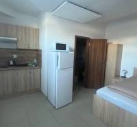 Apartmány na prenájom. - Kuchyňa a spálňa, malý byt, drevený nábytok, posteľ a skriňa integrujú funkcionalitu.