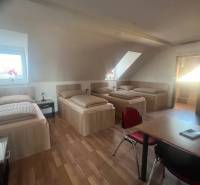Apartmány na prenájom. - Izba so štyrmi posteľami, stolom a svetlými drevenými podlahami. Penzión ponúka ubytovanie.