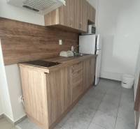 Apartmány na prenájom. - Kuchyňa s drevenou kuchynskou linkou, keramickou doskou a bielou chladničkou, Budova.