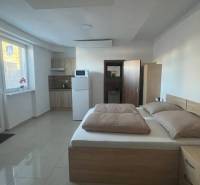 Apartmány na prenájom. - Interiér so spálňovým vybavením, kuchynkou, posteľou a dverami v rohu miestnosti.