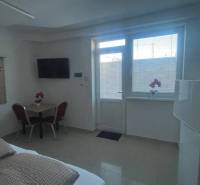 Apartmány na prenájom. - Izba s televízorom, stolom a stoličkami, pohľad na okno, budova v pozadí.