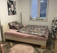 Na predaj: 3-izbový rodinný dom na predaj v obci Lesné Kračany - Spálňa v rodinnom dome s posteľou, dekoráciami a podlahou s dreveným dekorom.