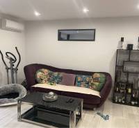 Na predaj: 3-izbový rodinný dom na predaj v obci Lesné Kračany - Obývačka v rodinnom dome s pohovkou, zrkadlom, policou a rotopedom, podlaha s dreveným dekorom.