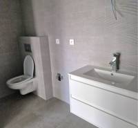 NOVOSTAVBA! Krásny, moderný a priestranný 3-izbový byt s veľkou logiou - Kúpeľňa s toaletou, bielym umývadlom a sivými stenami v 3-izbovom byte.