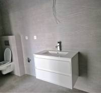 NOVOSTAVBA! Krásny, moderný a priestranný 3-izbový byt s veľkou logiou - Kúpeľňa v 3-izbovom byte s toaletou a umývadlovou skrinkou v sivom odtieni.