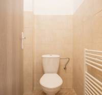 Dvojpodlažný rodinný dom s veľkým pozemkom na predaj v obci Jahodná - Toaleta v rodinnom dome s béžovým obkladom a bielym radiátorom.