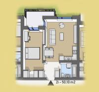 Úžasné 2 a 3 - izbové byty v obytnom parku KISERDŐ LAKÓPARK - Pôdorys znázorňuje usporiadanie 2-izbového bytu, s kuchyňou, obývacou izbou a spálňou.