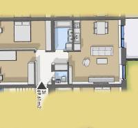 Úžasné 2 a 3 - izbové byty v obytnom parku KISERDŐ LAKÓPARK - Pôdorys zobrazuje 2-izbový byt s kuchyňou, obývačkou a kúpeľňou, na ulici neuvedené.
