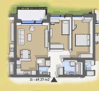 Úžasné 2 a 3 - izbové byty v obytnom parku KISERDŐ LAKÓPARK - Pôdorys bytu s obývačkou, kuchyňou, spálňou a kúpeľňou. Veľkosť 69,37 m², na ulici neuvedené.