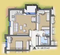 Úžasné 2 a 3 - izbové byty v obytnom parku KISERDŐ LAKÓPARK - Pôdorys 3-izbového bytu s kuchyňou spojenou s obývačkou, kúpeľňou a dvoma spálňami.