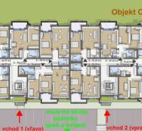 Úžasné 2 a 3 - izbové byty v obytnom parku KISERDŐ LAKÓPARK - Pôdorys budovy so vstupmi, vchod 1 a vchod 2, 2-izbový byt, na ulici neuvedené.