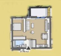Úžasné 2 a 3 - izbové byty v obytnom parku KISERDŐ LAKÓPARK - Pôdorys 2-izbového bytu, zahŕňa obývaciu izbu, spálňu, kuchyňu a kúpeľňu.