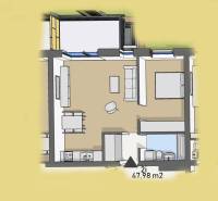 Úžasné 2 a 3 - izbové byty v obytnom parku KISERDŐ LAKÓPARK - Pôdorys 2-izbového bytu s kuchyňou a obývačkou na ulici neuvedené.