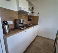 REZERVOVANÉ! Zariadená garsónka po kompletnej rekonštrukcii - Kuchyňa v Rekreačnom apartmáne s hodinkami, kávovarom a podlahou s dreveným dekorom.