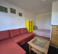 REZERVOVANÉ! Zariadená garsónka po kompletnej rekonštrukcii - Rekreačný apartmán s červenou pohovkou, žltou policou a nábytkom z prírodného dreva.