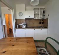 REZERVOVANÉ! Zariadená garsónka po kompletnej rekonštrukcii - Kuchynský kút s bielymi skrinkami a podlahou s dreveným dekorom v Rekreačnom apartmáne.
