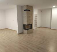 Rezervované / 4-izbový rodinný dom v obci Michal na Ostrove - Obývacia izba v rodinnom dome s krbom a podlahou s dreveným dekorom.