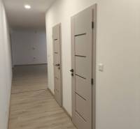 Rezervované / 4-izbový rodinný dom v obci Michal na Ostrove - Chodba s podlahou s dreveným dekorom a dverami v rodinnom dome.