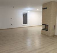 Rezervované / 4-izbový rodinný dom v obci Michal na Ostrove - Obývacia izba s krbom a podlahou s dreveným dekorom v rodinnom dome.