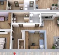 Predané - 4izbový rodinný dom (dvojdom) v obci Horná Potôň! - Pôdorys Rodinného domu s podlahou s dreveným dekorom, dvoma spálňami a obývačkou.