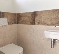 Predané - 4izbový rodinný dom (dvojdom) v obci Horná Potôň! - Jednoduchá toaleta v rodinnom dome s keramickými obkladmi a montovaným umývadlom.