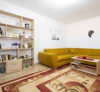 Znížená cena za 4 izbový rodinný dom v obci Jahodná - Obývačka s rohovou sedačkou, drevenou poličkou plnou kníh, kobercom a dekoráciami pre rodinný dom.