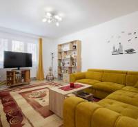 Znížená cena za 4 izbový rodinný dom v obci Jahodná - Obývačka s televíziou, žltou sedačkou, koberecom a knihovňou v rodinnom dome.