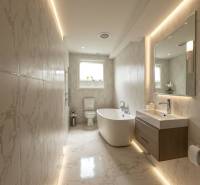 Znížená Cena!Na predaj rodinný dom vo Vrakúni, blízko Dunajskej Stredy - Kúpeľňa v rodinnom dome s vaňou, umývadlom a zrkadlom, obložená svetlými kachličkami.