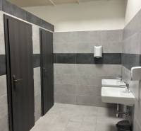 Exkluzívny obchodný priestor na prenájom v centre Dunajskej Stredy – u - Interiér obchodných priestorov s umývadlami a dverami v šedom farebnom prevedení.