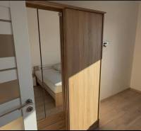 Prenájom 2-izbového bytu, Dunajská Streda - Spálňa v 2-izbovom byte s podlahou s dreveným dekorom a vstavanou skriňou.