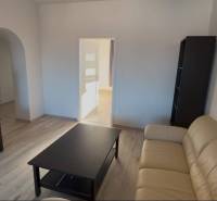 Prenájom 2-izbového bytu, Dunajská Streda - Obývacia izba s podlahou s dreveným dekorom v 2-izbovom byte, krémová sedačka a TV.