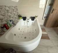 Predaj rodinného domu, Dunajská Streda - Kúpeľňa v rodinnom dome, s vírivkou a keramickými obkladačkami s dekorom kvetov.