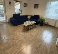 Predaj rodinného domu, Dunajská Streda - Interiér rodinného domu s modrou sedačkou, stolom a rastlinou na dlažbe.