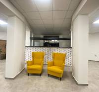☎️ 0918197701-Na prenájom väčší obchodný priestor 230 m² v suteréne v  - Obchodné priestory s dvoma žltými kreslami, bielou tehlovou stenou a krabicami.