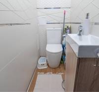 ☎️ 0918197701-Na predaj 5 izbový poschodový rodinný dom s 2 garážou v  - Kompaktná kúpeľňa v rodinnom dome s umývadlom, WC a podlahou s dreveným dekorom.