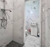 ☎️ 0918197701- PREDAJ - Nebytových priestorov Dunajská Streda - Kúpeľňové obchodné priestory s keramickými obkladmi a sprchovým kútom so sivými detailmi.