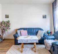 ☎️ 0918197701- PREDAJ - Nebytových priestorov Dunajská Streda - Modrý kožený gauč s dekoratívnymi vankúšmi, knihovna a podlaha s dreveným dekorom.